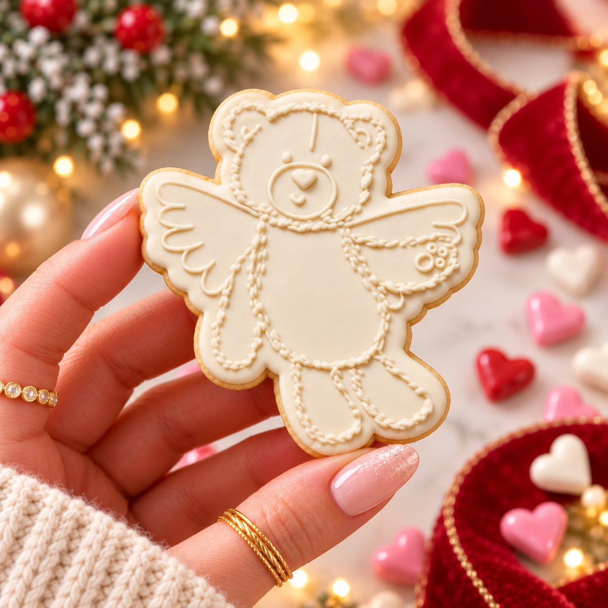 Fluffy Cupid Teddy Valentine's Cookie Cutter and Embosser - decorated cookie held in hand