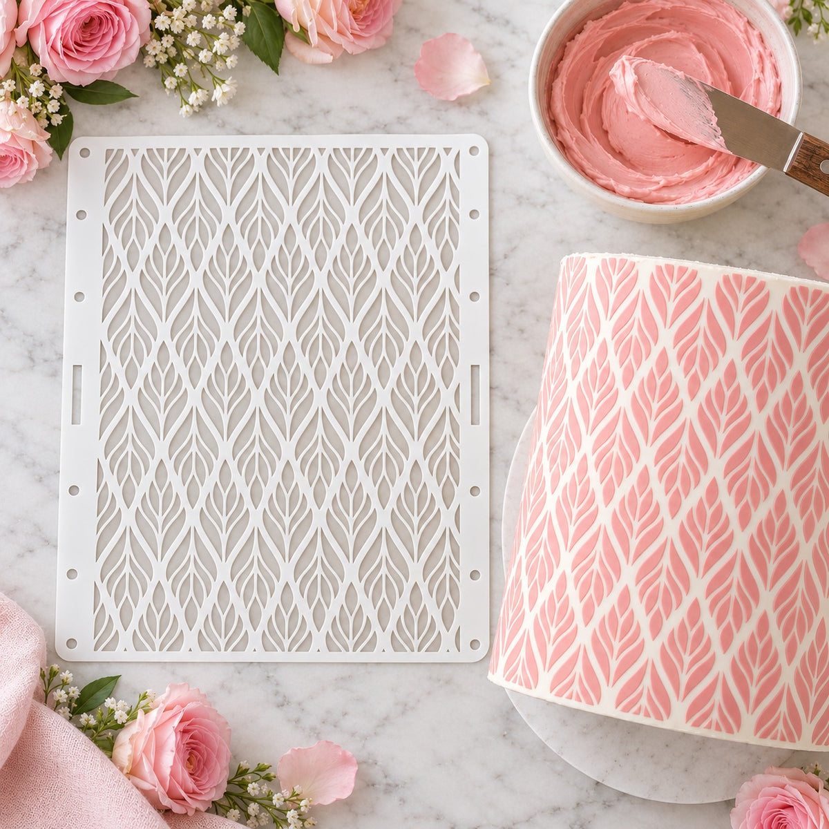 Forever Leaves Cake Stencil - XL Design Size - flat lay of the stencil with royal icing