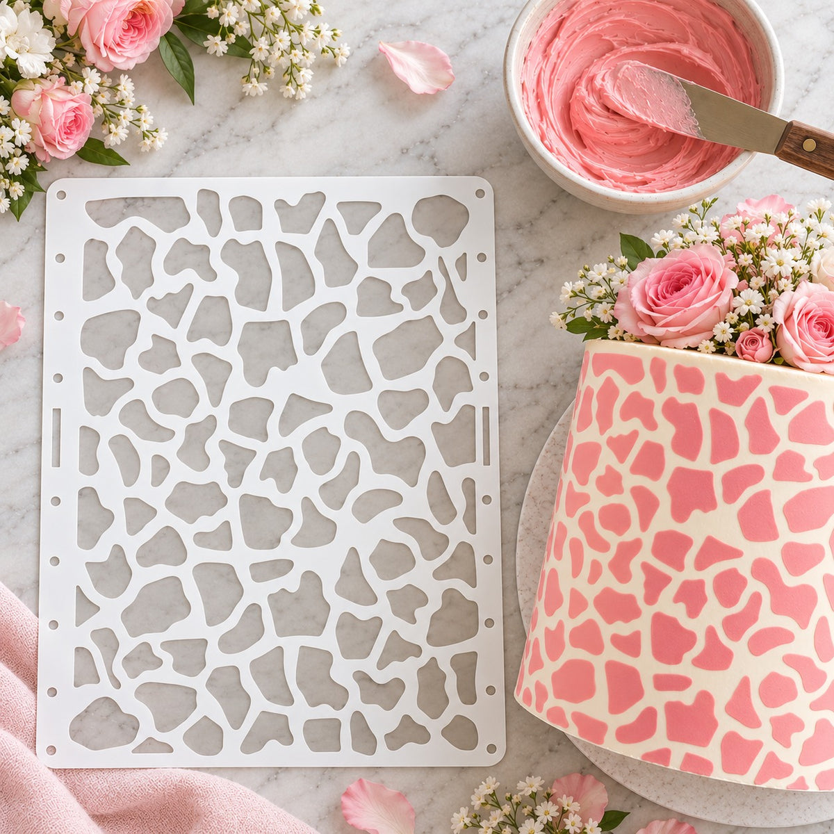 Giraffe Print Cake Stencil - XL Design Size - flat lay of the stencil with royal icing