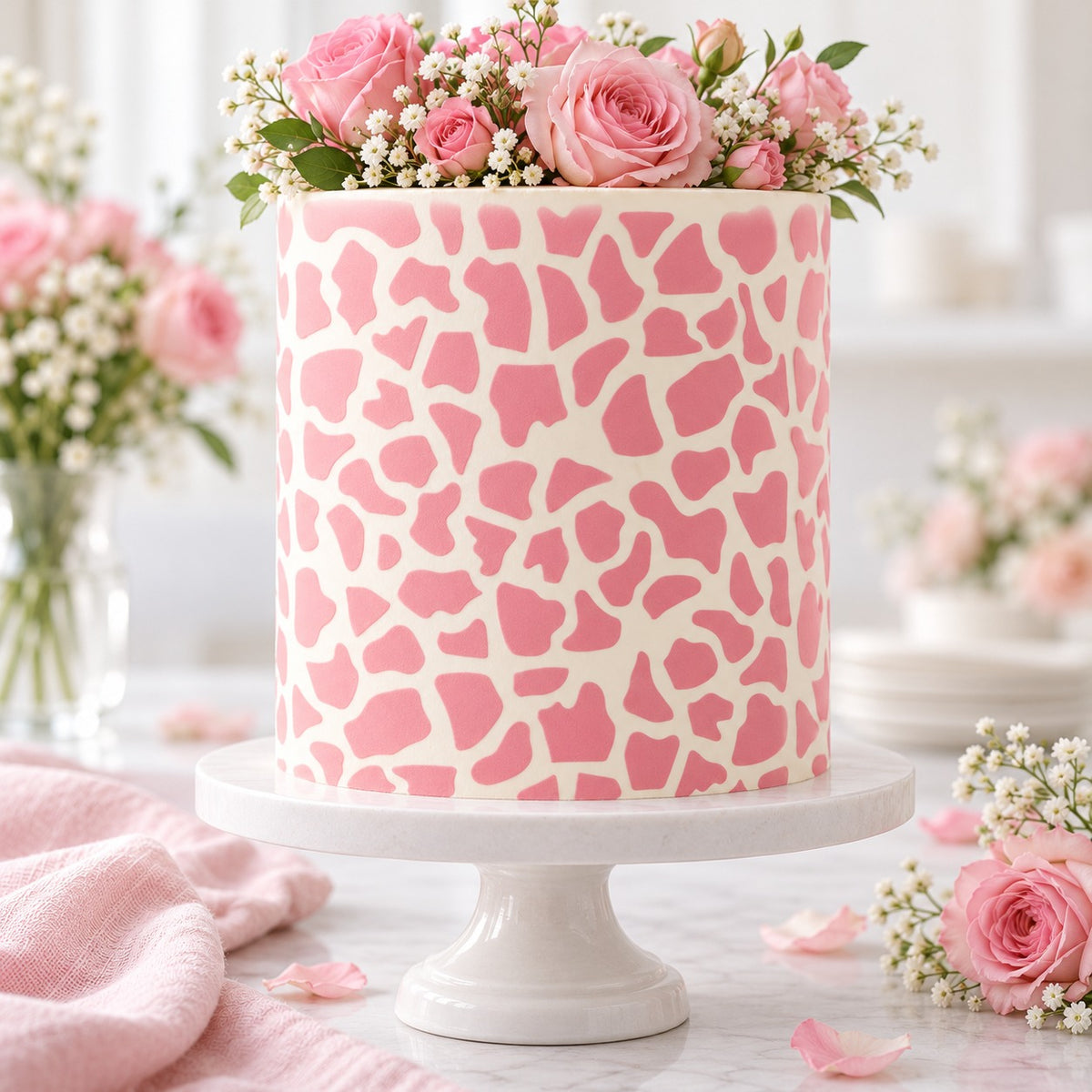 Giraffe Print Cake Stencil - XL Design Size - cake decorated with the stencil design