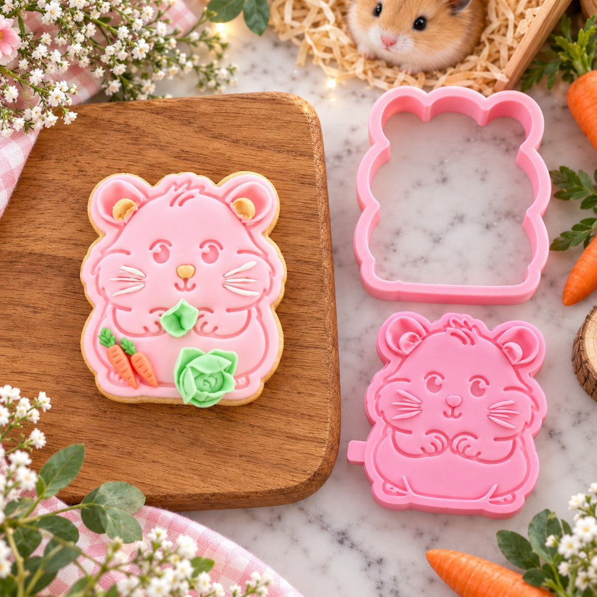 Hamster Pet Animal Cookie Cutter and Stamp - flat lay with the finished cookie