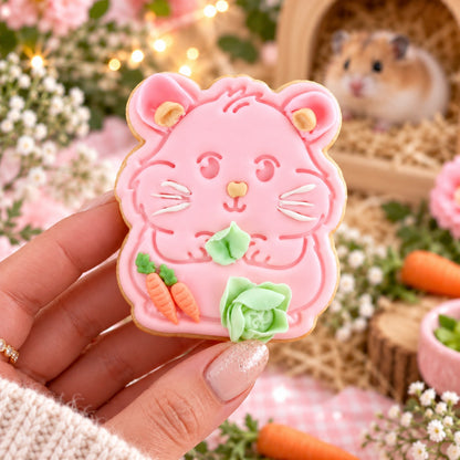 Hamster Pet Animal Cookie Cutter and Stamp - decorated cookie held in hand