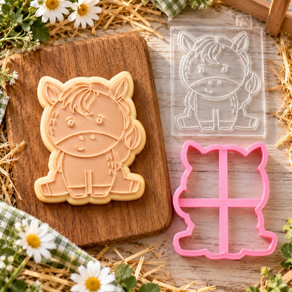 Horse Farm Yard Cookie Cutter and Embosser - flat lay with the finished cookie