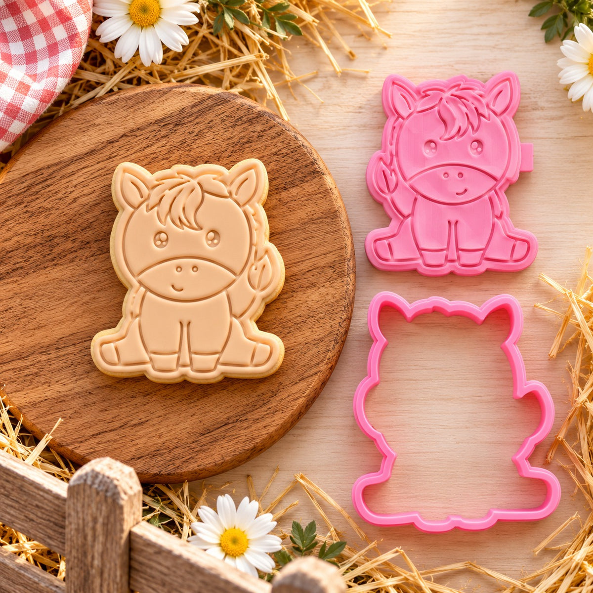 Horse Farm Yard Cookie Cutter and Stamp - flat lay with the finished cookie