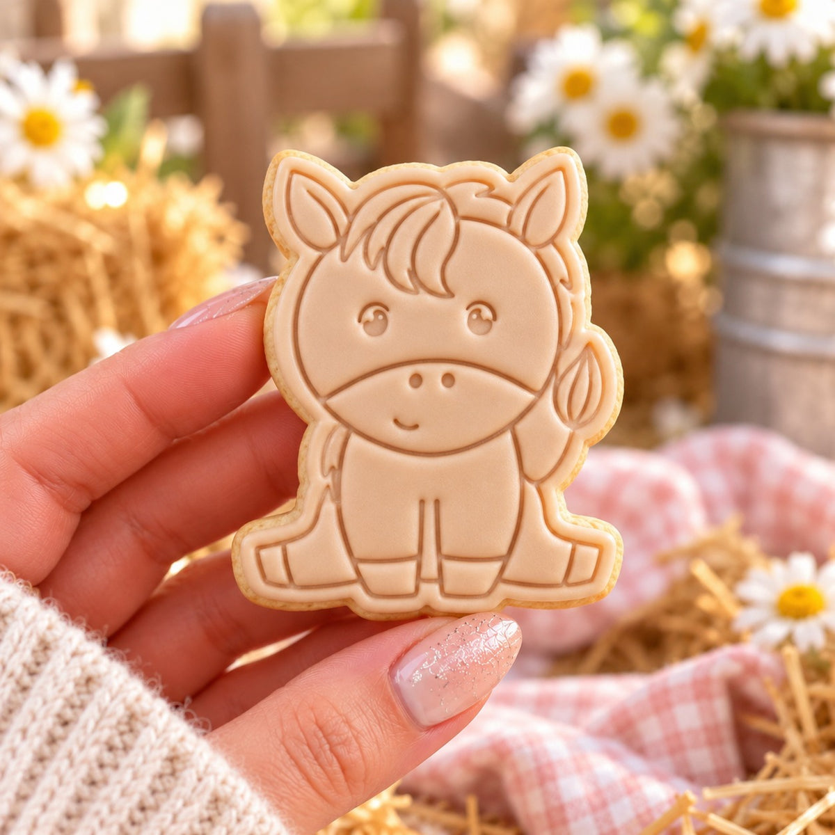 Horse Farm Yard Cookie Cutter and Stamp - decorated cookie held in hand