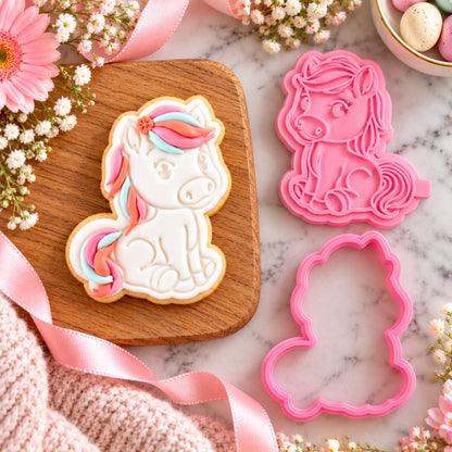 Horse Pet Animal Cookie Cutter and Stamp - flat lay with the finished cookie