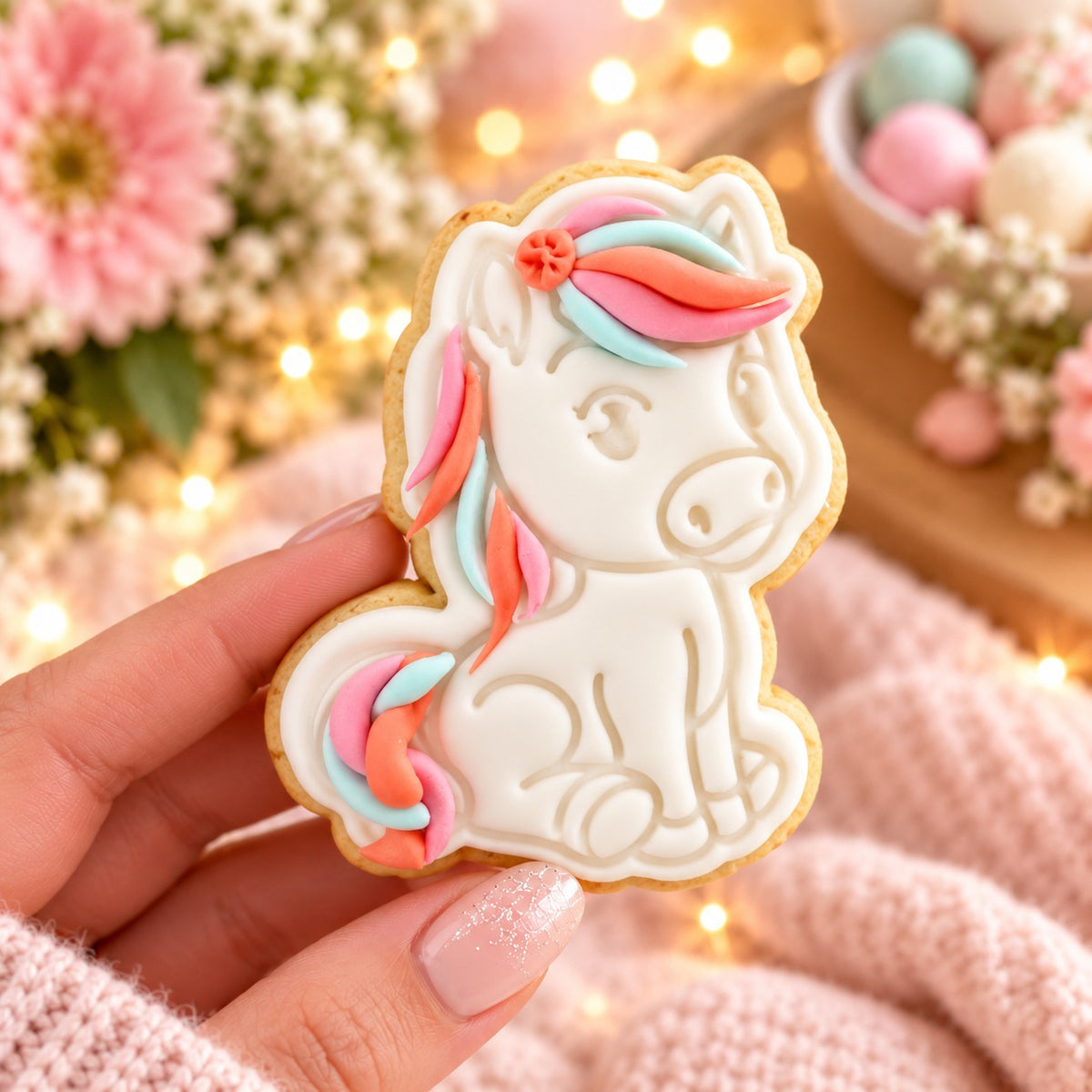 Horse Pet Animal Cookie Cutter and Stamp - decorated cookie held in hand