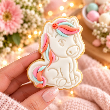 Horse Pet Animal Cookie Cutter and Stamp - decorated cookie held in hand