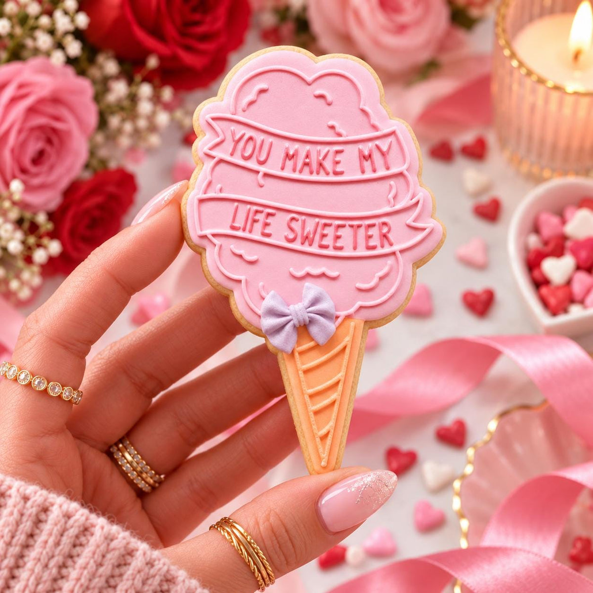 You Make My Life Sweeter Valentine's Cookie Cutter and Embosser - decorated cookie held in hand