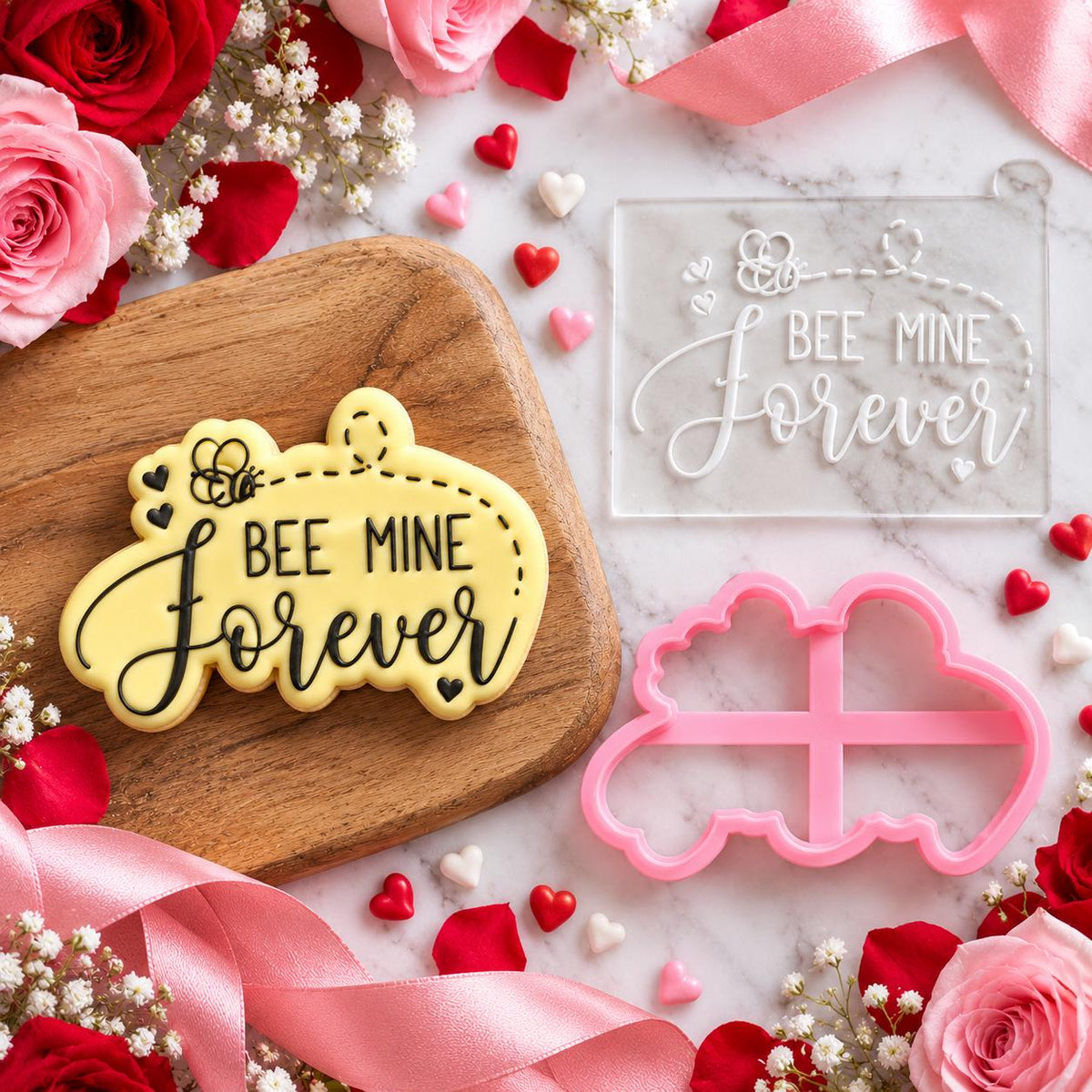 Bee Mine Forever Valentine's Cookie Cutter and Embosser - flat lay with the finished cookie