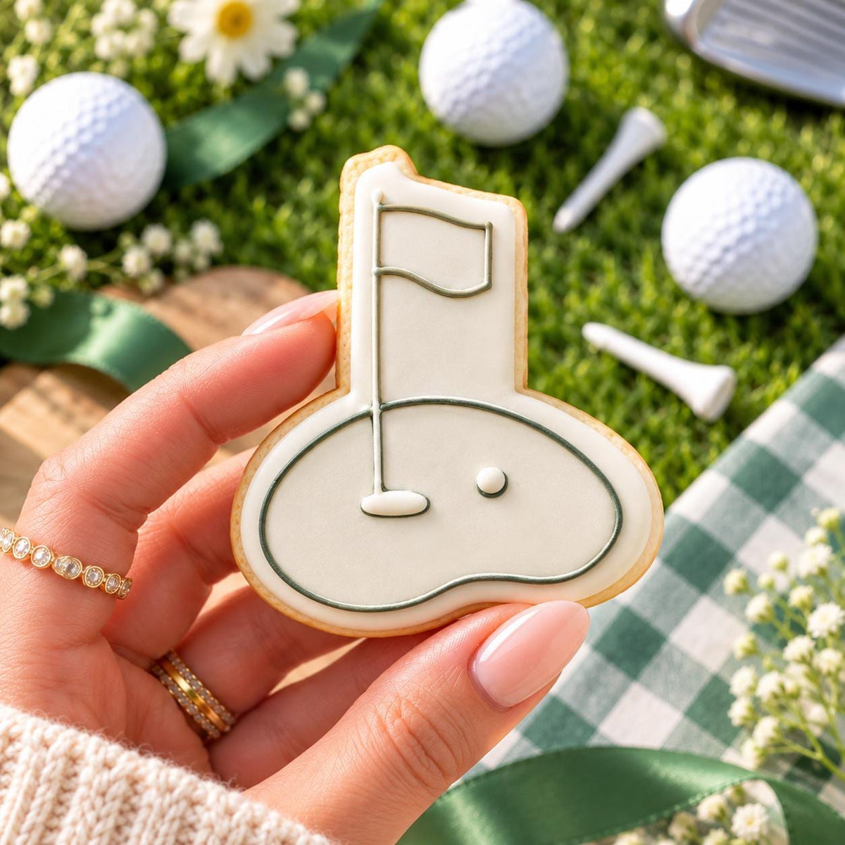 Mini Golf Flag Cookie Cutter and Embosser - decorated cookie held in hand