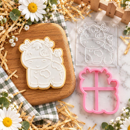 Cow Farm Yard Cookie Cutter and Embosser - flat lay with the finished cookie