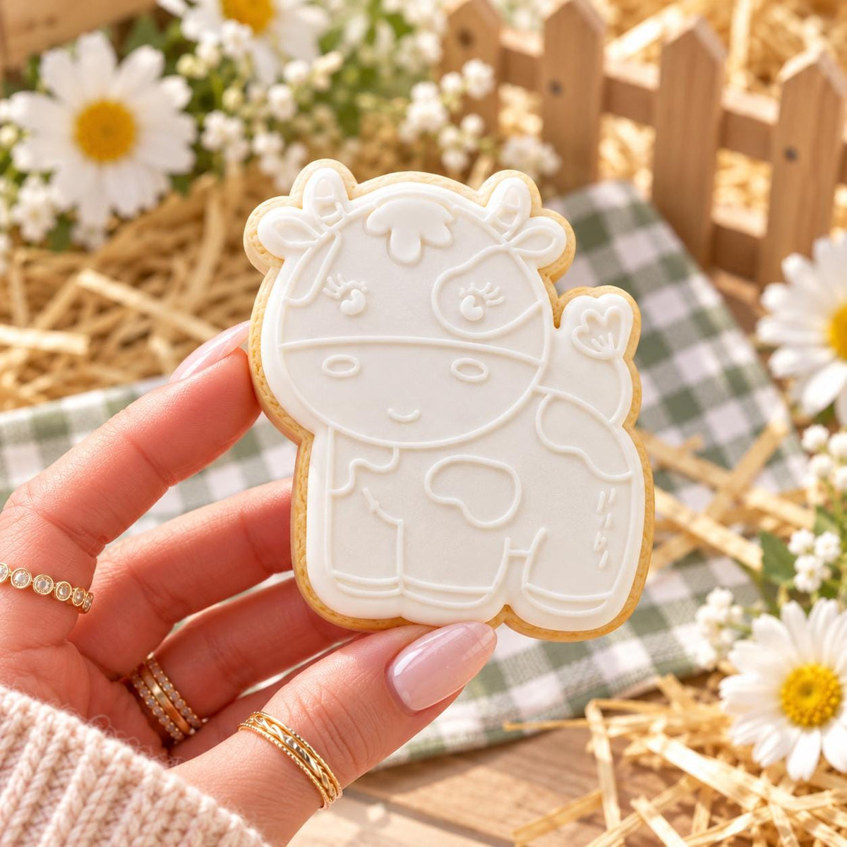 Cow Farm Yard Cookie Cutter and Embosser - decorated cookie held in hand