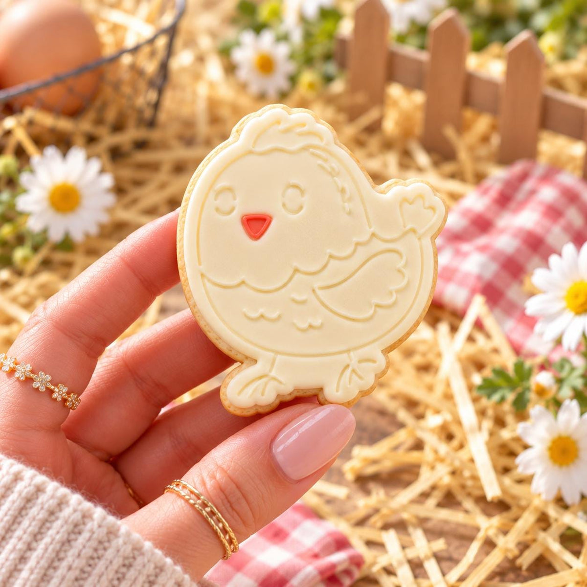 Chicken Farm Yard Cookie Cutter and Embosser - decorated cookie held in hand