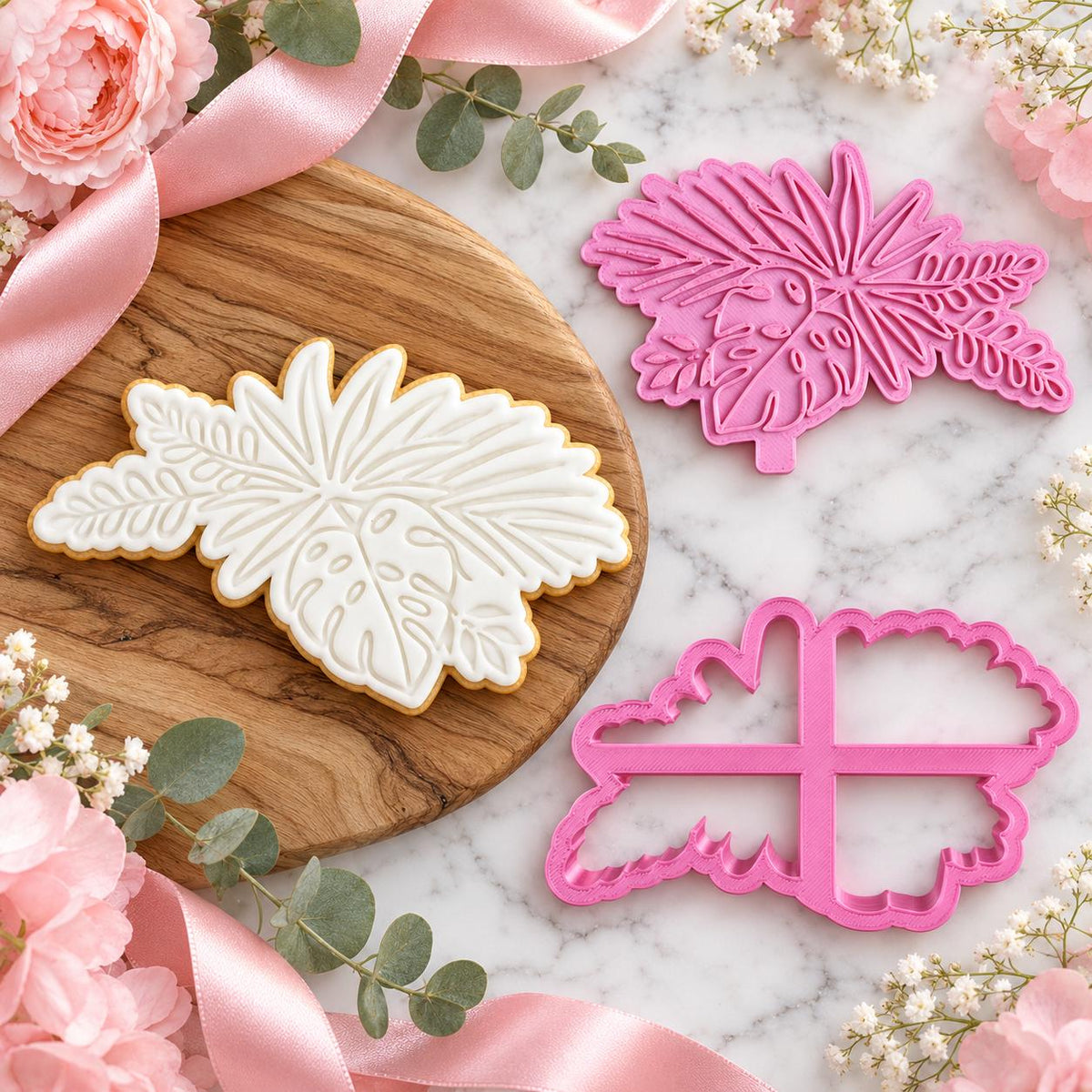 Tropical Flowers Cookie Cutter and Stamp - flat lay with the finished cookie