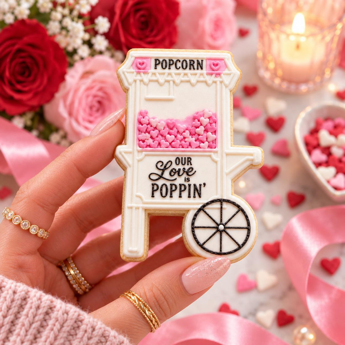 Love Popcorn Machine Valentine's Cookie Cutter and Embosser - decorated cookie held in hand
