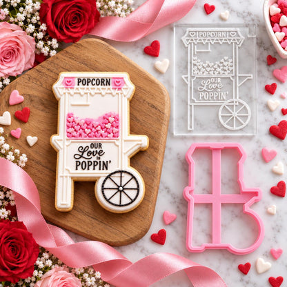 Love Popcorn Machine Valentine's Cookie Cutter and Embosser - flat lay with the finished cookie