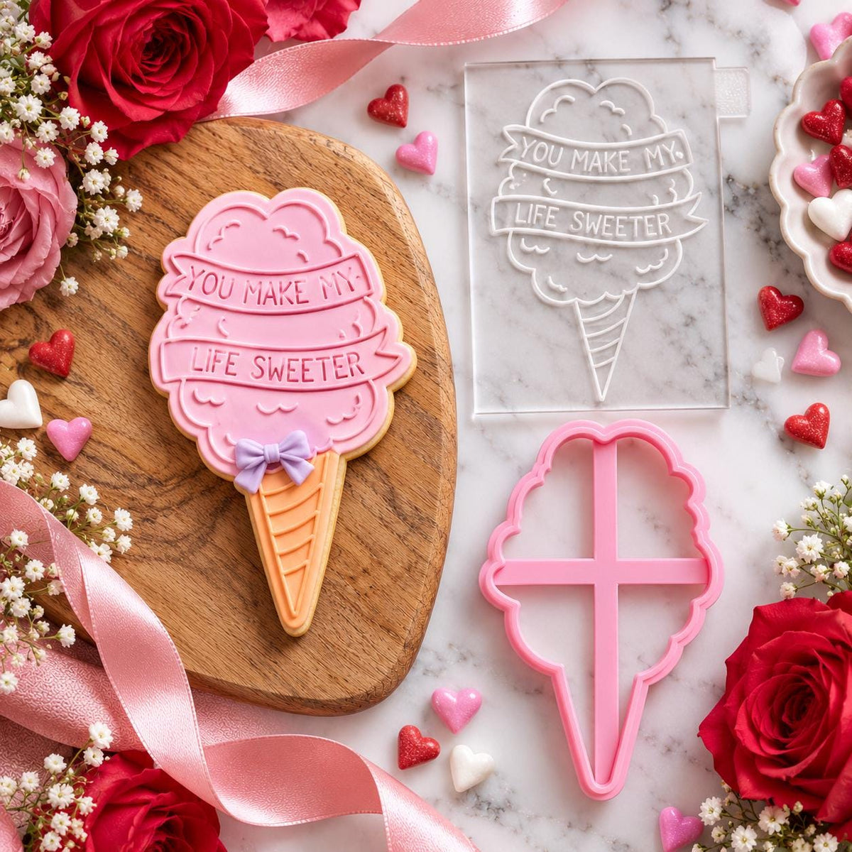 You Make My Life Sweeter Valentine's Cookie Cutter and Embosser - flat lay with the finished cookie
