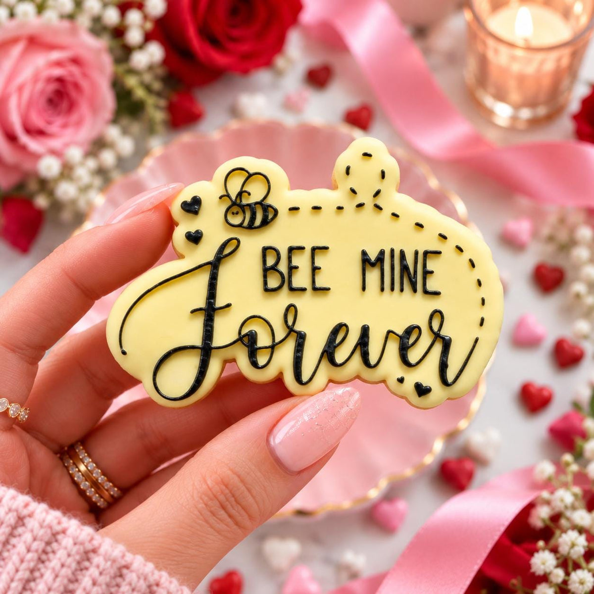 Bee Mine Forever Valentine's Cookie Cutter and Embosser - decorated cookie held in hand
