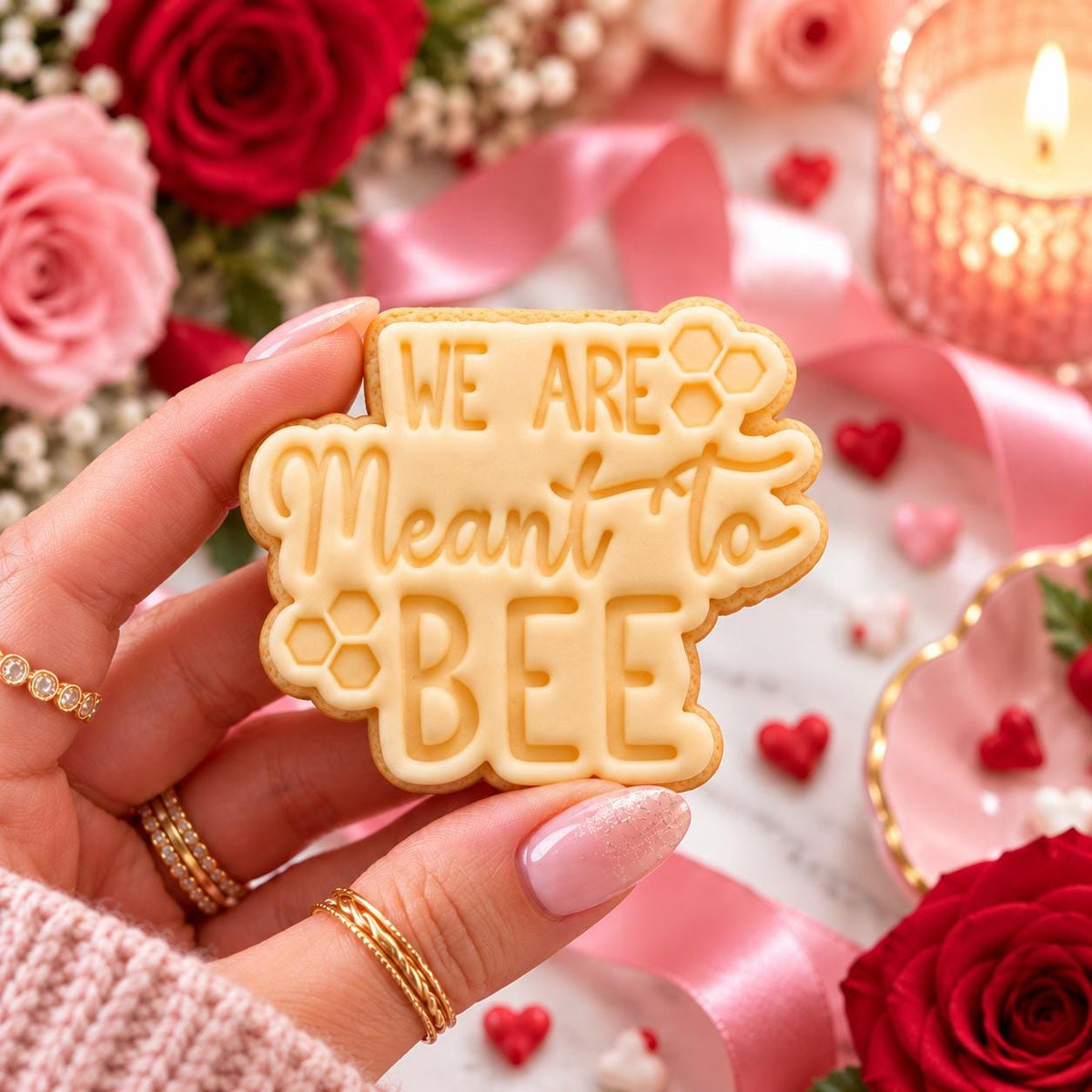 We Are Meant To Bee Valentine's Cookie Cutter and Stamp - decorated cookie held in hand