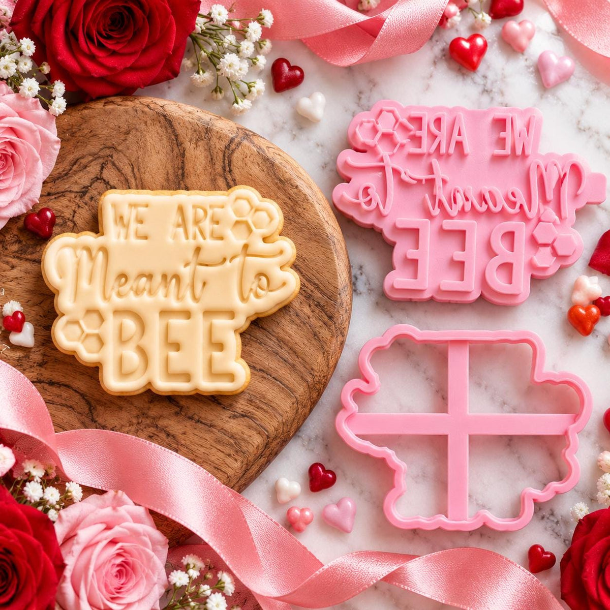 We Are Meant To Bee Valentine's Cookie Cutter and Stamp - flat lay with the finished cookie