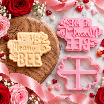 We Are Meant To Bee Valentine's Cookie Cutter and Stamp - flat lay with the finished cookie