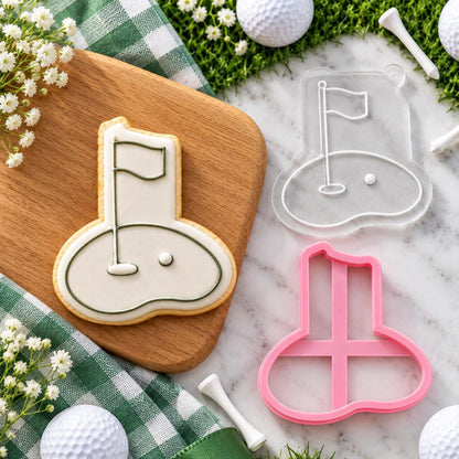 Mini Golf Flag Cookie Cutter and Embosser - flat lay with the finished cookie