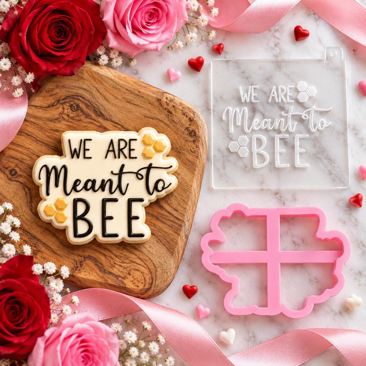 We Are Meant To Bee Valentine's Cookie Cutter and Embosser - flat lay with the finished cookie