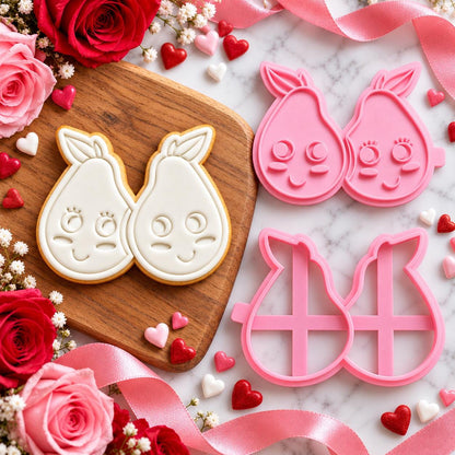 We Make A Great Pear Valentine's Cookie Cutter and Stamp - flat lay with the finished cookie