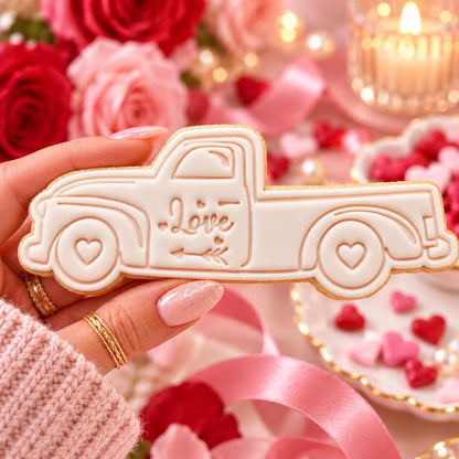 Love Truck Valentine's Cookie Cutter and Stamp - decorated cookie held in hand