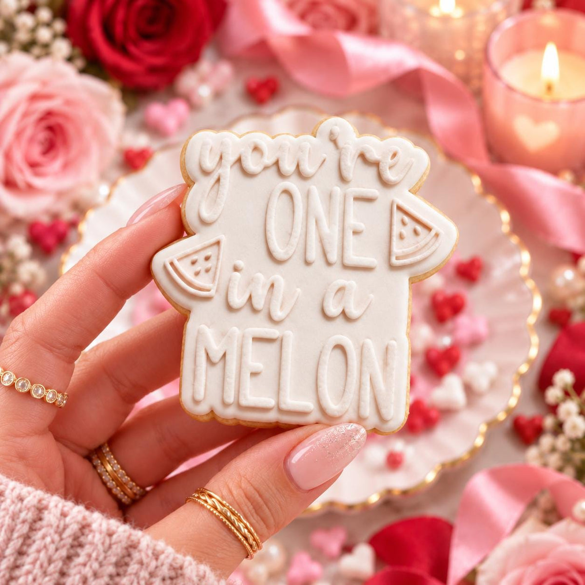 You're One In A Melon Valentine's Cookie Cutter and Embosser - decorated cookie held in hand