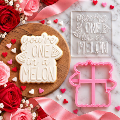 You're One In A Melon Valentine's Cookie Cutter and Embosser - flat lay with the finished cookie