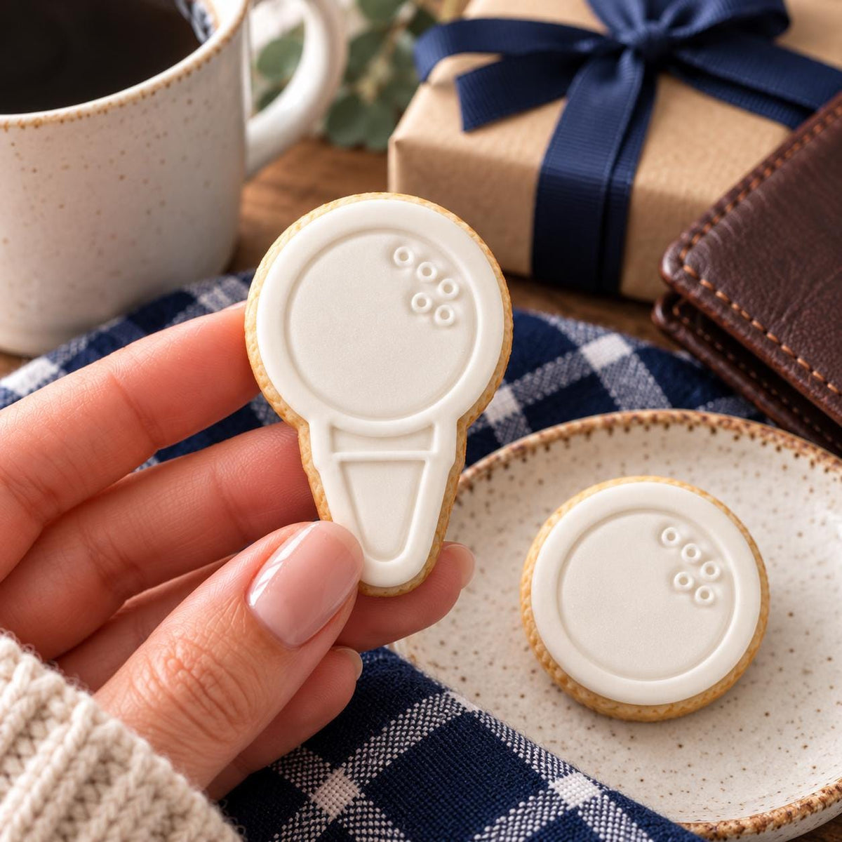 Mini Golf Ball and Tee Cookie Cutter and Embosser - decorated cookie held in hand