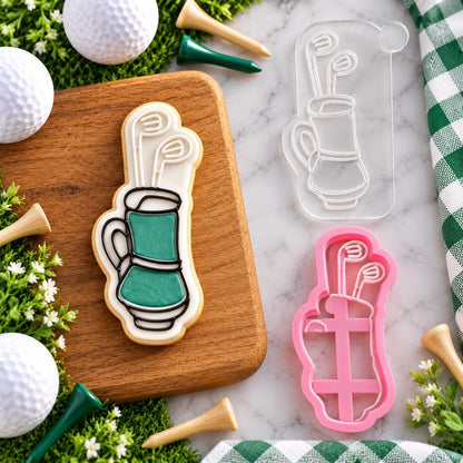 Mini Golf Bag Cookie Cutter and Embosser - flat lay with the finished cookie