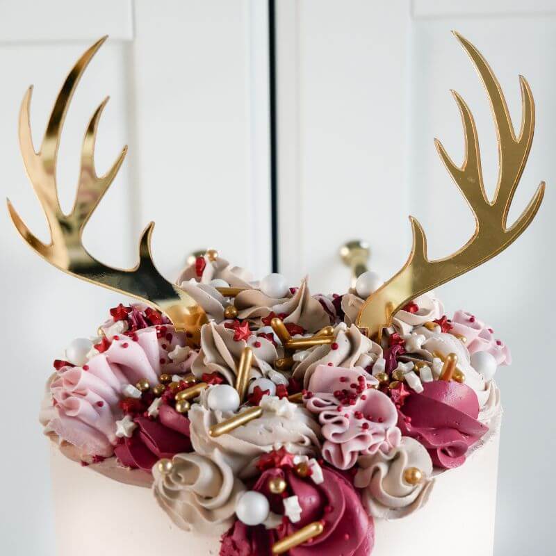 BULK Modern Rudolph Antler Set Christmas Cake Topper Premium 3mm Acrylic - Mirror Gold and Red