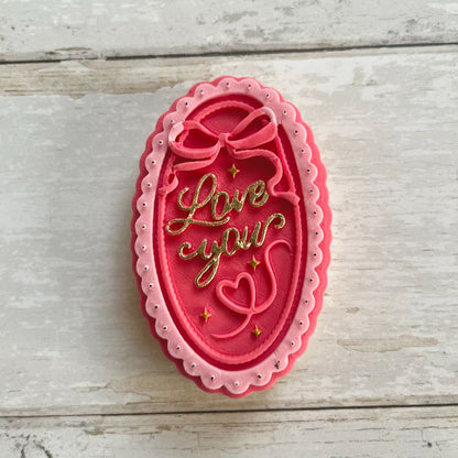 Whimsical Oval “Love You” Plaque Valentine's 3D Cookie Stamp and Cutter by Bakes+Whimsy