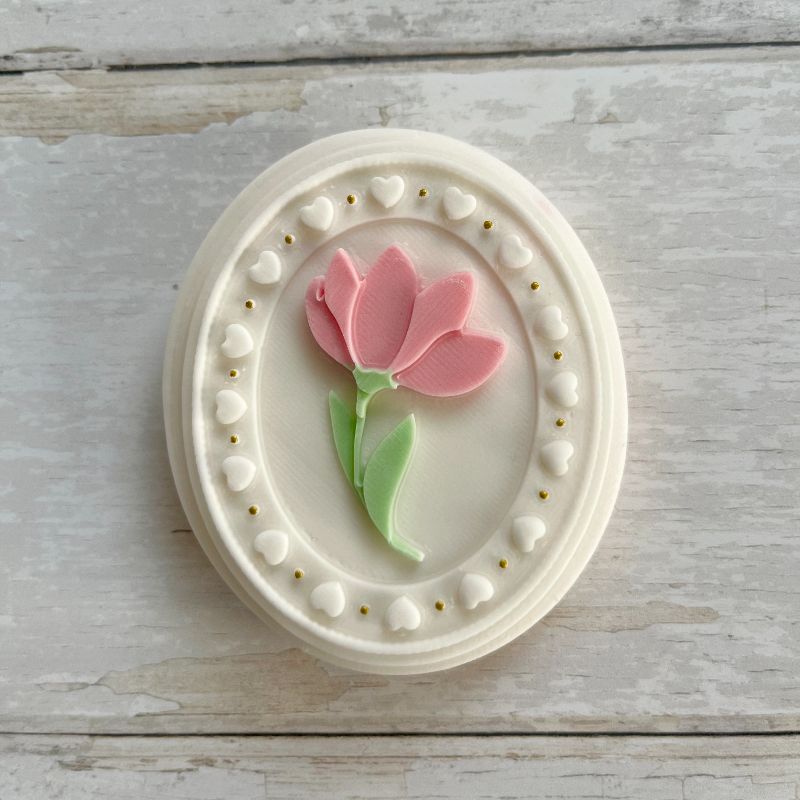 Whimsical Oval “Tulip” Plaque Valentine's 3D Cookie Stamp and Cutter by Bakes+Whimsy