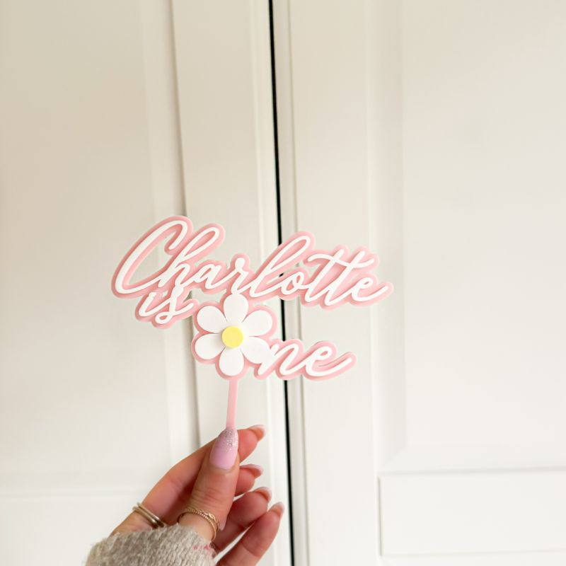 Charlotte Font with Daisy Flower Double Layer Cake Topper or Motif - 1st Birthday Cake Topper