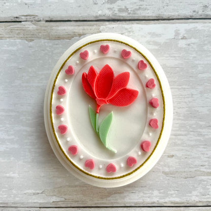 Whimsical Oval “Tulip” Plaque Valentine's 3D Cookie Stamp and Cutter by Bakes+Whimsy