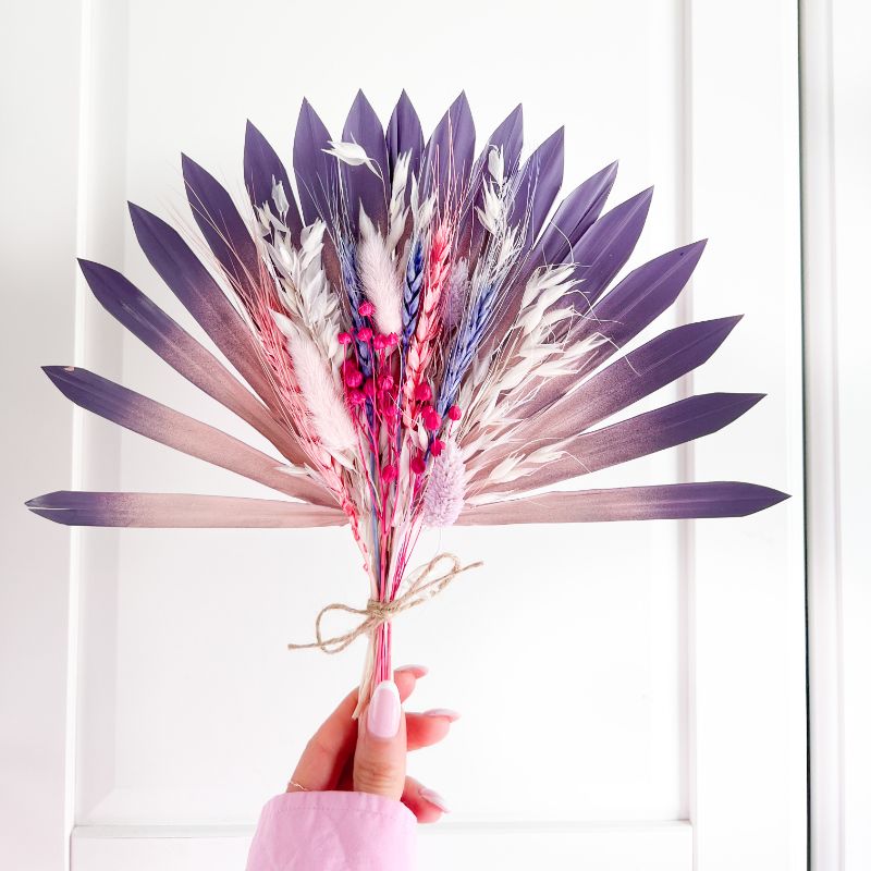 Sun Palm Fan Dried Flower Set - Purple and Light Pink
