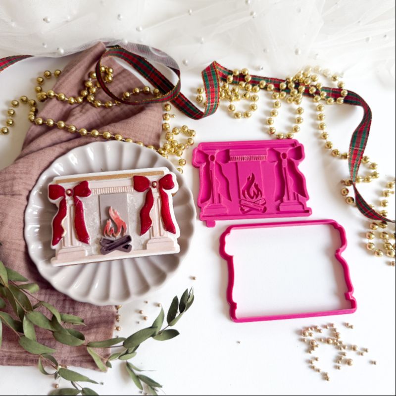 Festive Fireplace with Bows 3D Cookie Stamp and Cutter