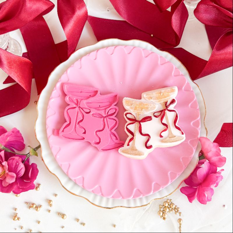 Elegant Bow Cocktail Glasses Valentine's 3D Cookie Stamp and Cutter - suitable for two tone effect