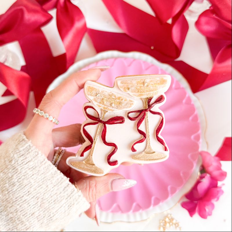 Elegant Bow Cocktail Glasses Valentine's 3D Cookie Stamp and Cutter - suitable for two tone effect