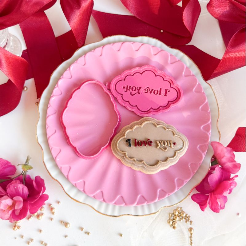 I Love You Valentine's Scallop Plaque 3D Cookie Stamp and Cutter - suitable for two tone effect