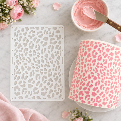 Leopard Print Cake Stencil - XL Design Size - flat lay of the stencil with royal icing