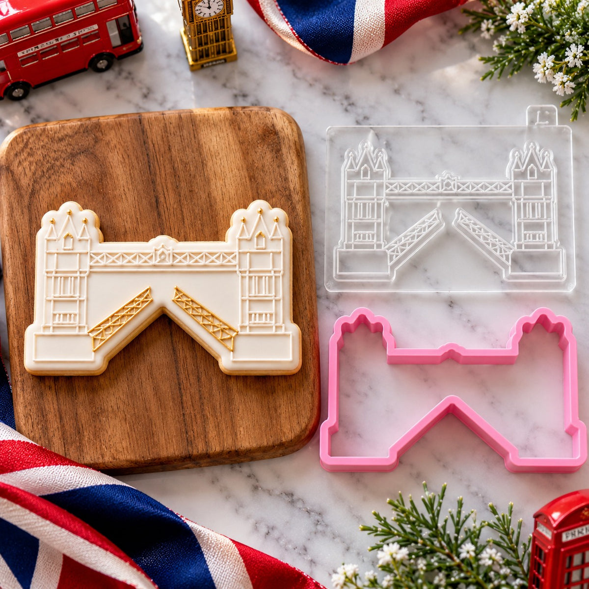London Bridge London Capital City Cookie Cutter and Embosser - flat lay with the finished cookie