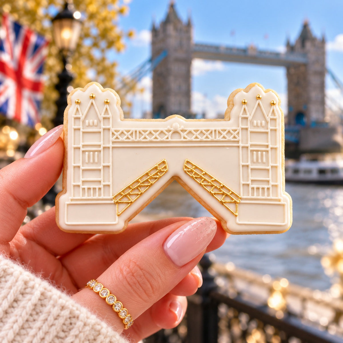 London Bridge London Capital City Cookie Cutter and Embosser - decorated cookie held in hand