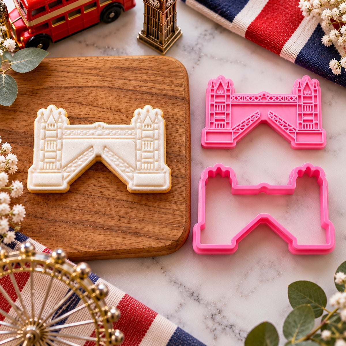 London Bridge London Capital City Cookie Cutter and Stamp - flat lay with the finished cookie