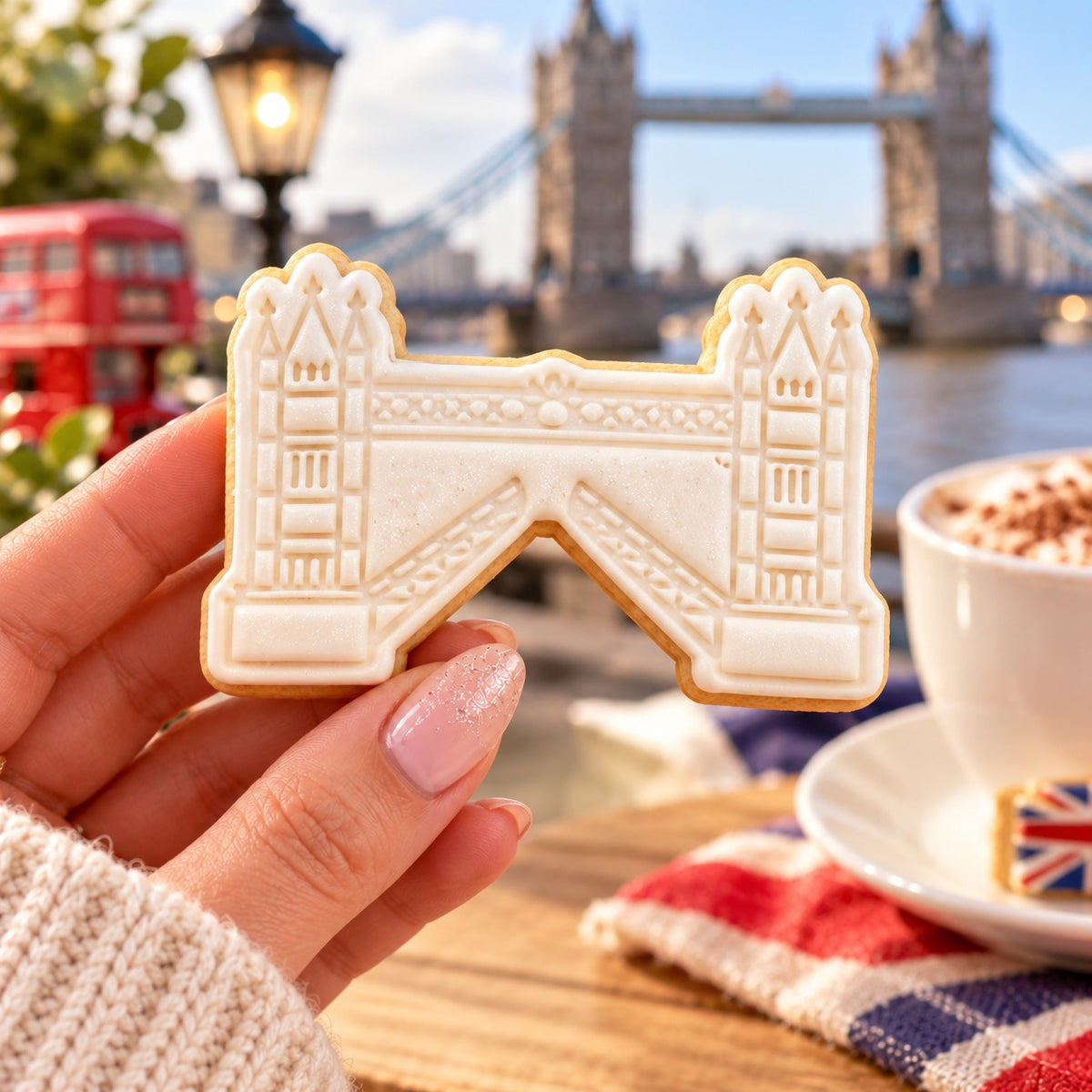 London Bridge London Capital City Cookie Cutter and Stamp - decorated cookie held in hand