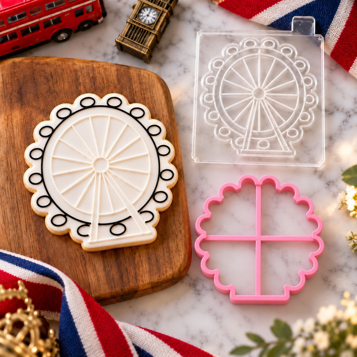London Eye Cookie Cutter and Embosser - flat lay with the finished cookie